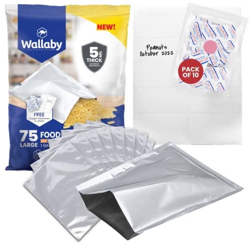 Wallaby 75x 1-Gallon Mylar Bag Bundle - Mylar Bags, 80x 400cc Oxygen Absorbers, 80x Labels - Heat Sealable, Food Safe, & Reliable Long Term-Food Storage Solutions - Silver Standard Silver 75 Pack