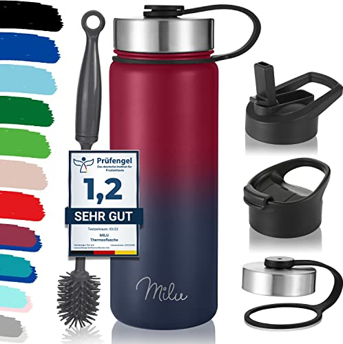 Milu Bouteille en acier inoxydable 500ml, 750ml, 1l (+3 couvercles) - Bouteille thermo avec paille, bouteille d'eau, pour boissons chaudes, froides et gazeuses (berry bleu, 500ml)