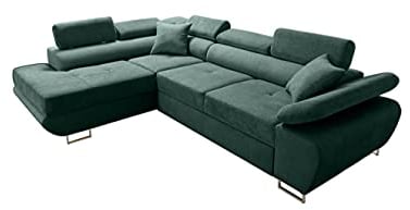 Robin Saturn Premium Ecksofa Schlaffunktion Bettkasten Verstellbare Kopfstützen Kissen Sofa L-Form Schlafsofa Freistehende Eckcouch Schlafcouch Wohnzimmermöbel Wohnlandschaft Links Flaschengrün