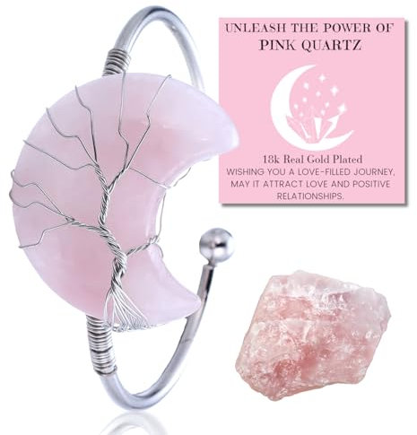 HALUKAKAH Bracciale in Cristallo di Pietra Naturale - LUNA AMORE - Filo Avvolgente Albero della Vita Placcato in Platino Fatto a Mano,Ciondolo in Forma di Luna in Quarzo Rosa Misura Regolabile
