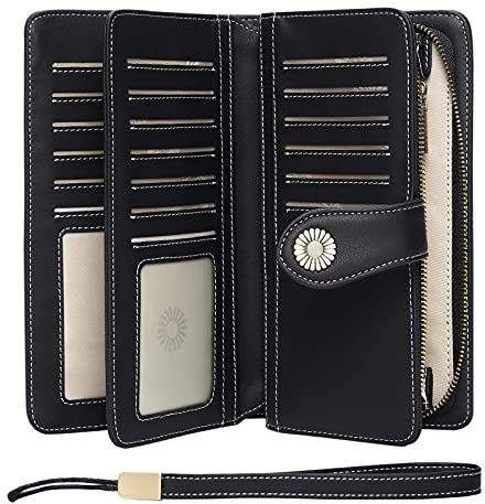 SENDEFN Portefeuille pour Femme en Cuir Véritable avec Protection RFID - Grande Capacité - avec 24 Compartiments pour Cartes et Dragonne Amovible