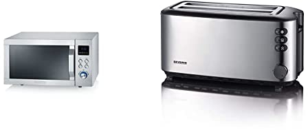 SEVERIN MW 7751 2-in-1 Mikrowelle (800 W) edelstahl/schwarz & Automatik-Langschlitztoaster, Toaster mit Brötchenaufsatz, Edelstahl-gebürstet/schwarz, AT 2509