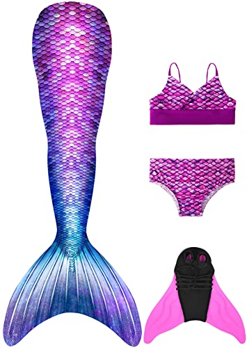 FOLOEO Meerjungfrauenflosse Mädchen Meerjungfrau Flosse für Kinder mit Bikini Set und Monoflosse, 4 Stück Set