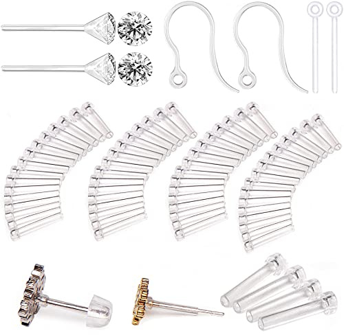 108 Pieces with Silicone Earring Allergy Sleeve for Sensitive Ears with 4 Sizes Anti-Allergy Sleeve and Posts and Hooks and Backs and White Zircon