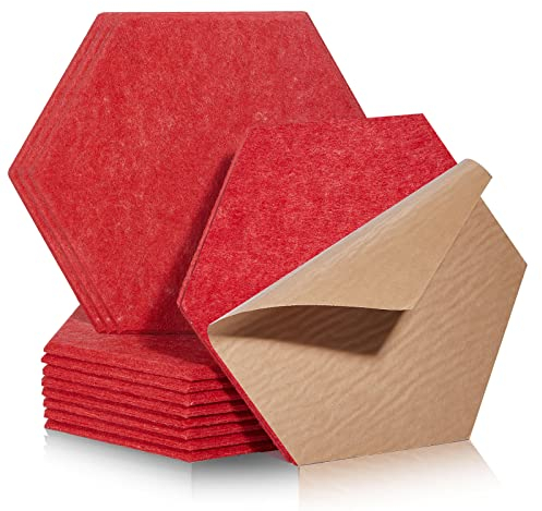 Hexagon Akustikplatten selbstklebend 12 Stück I Schallabsorber Schallschutz mit hoher Dichte für Wand Decken Holz & Tür - Akustikpanel Schallschutzplatten Akustikplatte, 30x26x0.9cm, Rot