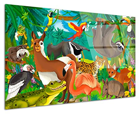 DECLINA, tableau verre acrylique, décoration murale enfant, animaux de la jungle, impression sur verre, cadre mural design, déco chambre bébé, illustration jungle, art mural coloré