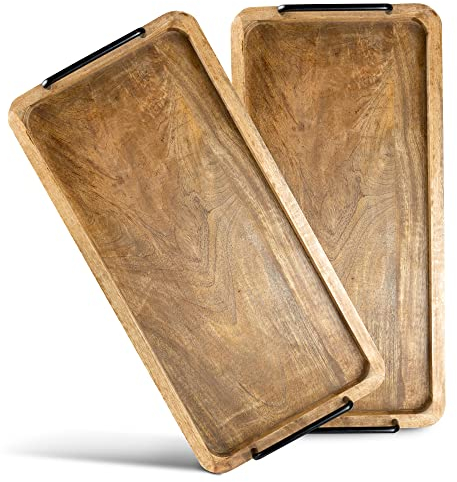 Novaliv Lot de 2 plateaux de service en bois de manguier 60 x 33 x 2,5 cm Plateau en bois de qualité supérieure avec poignées Plateau de service robuste avec anse pour les aliments, les boissons