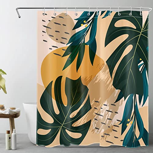 LB Tropisches Blatt Duschvorhang 150x200cm Dunkel Grüne Palme Monstera Antischimmel Wasserdicht Badezimmer Vorhänge, Mitte des Jahrhunderts Extra Lange Polyester Stoff Bad Vorhang mit Haken