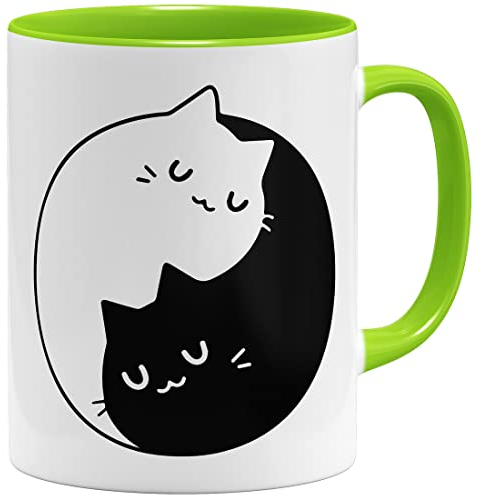 OM3® Tasse mit Katzen-Motiv Yin and Yang Cats | Keramik Becher | 11oz 325ml | Beidseitig Bedruckt | Hellgrün