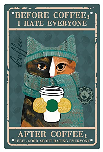 CREATCABIN Katze Kaffee Schild Vintage Lustiges Metallblechschild Retro Wanddekoration Kunstposter Gemälde Für Zuhause Küche Badezimmer Schlafzimmer Café Bar Pub Dekorationen 30x20cm