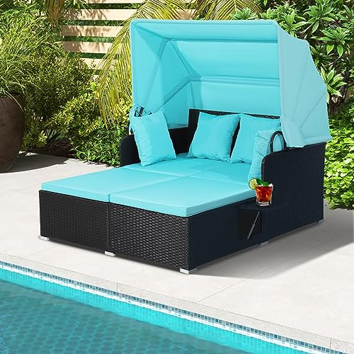 ORALNER Sofá cama de mimbre para 2 personas con toldo retráctil, cojines y almohadas, 2 bandejas laterales, sofá doble de ratán de polietileno para terraza, piscina, jardín, balcón (turquesa)