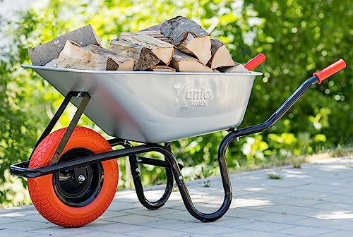 TIREX by xonic® Schubkarre mit Stahlfelge – Verzinkte Wanne bis 250kg/ 100l - Robuste Ausführung für Garten und BAU – Schieb-Karre mit PU Vollgummi-Rad (Rot- Silber)