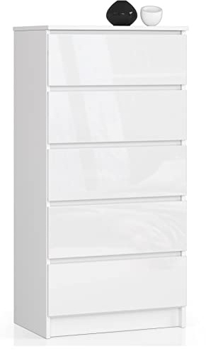 BDW Kommode Hochglanz K60 mit 5 Schubladen für Schlafzimmer, Wohnzimmer, Badezimmer, Büro - Modernes Design - Mehrzweckschrank mit viel Platz - 60 x 121 x 40 cm - weiß
