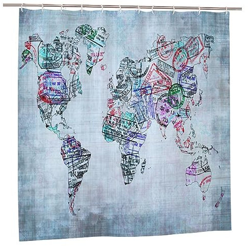 Gearsly Duschvorhänge, schimmelresistent, Weltkarte, Reisepass, Stempel, Badezimmer-Vorhang mit 12 Haken, wasserdicht, waschbar, Bad-Dusch-Dekor für Feuchträume, 183 x 183 cm