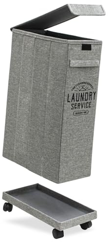 DuneDesign 20 cm Étroit : Panier Linge Roulettes - 50L Cadre Stable - 20x40x60 Panier à Linge avec Couvercle - Panier Linge Sale Gris - Bac de Rangement Corbeille a Linge Panier Rangement Buanderie