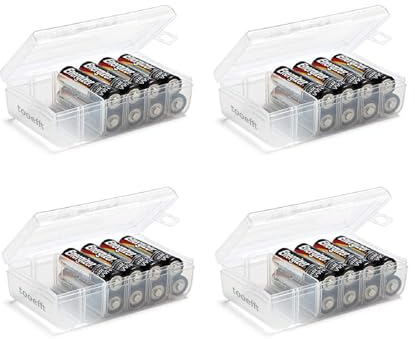 tooefft Set mit 4 Batterie-Boxen, 4 AAA-Batterien, Aufbewahrungsbox, Organizer, Batteriehalter, transparent (4 AAA)