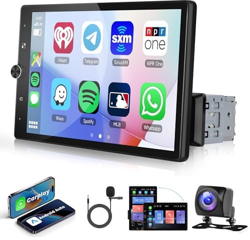 Single Din Car Radio Car Stereo with Wireless Carplay Android Auto, Rimoody 10.4 Inch Vertical Touch Screen Car Radio Bluetooth Mirror Link FM Radio Head Unit Backup Camera