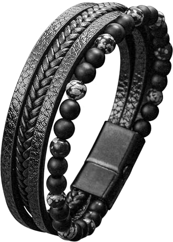 Mochity Bracelet Cuir Homme, Bracelet Perle Homme, Noir bleu Marron Bracelets Pour Hommes, Avec Boîte Cadeau (A1)