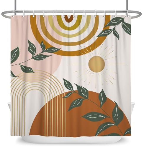 ASDCXZ Rideau de douche bohème, 180 x 200 cm, moderne, abstrait, doré, doré, motif feuilles, vert, beige, lavable, en polyester, imperméable, anti-moisissure, pour baignoire, avec 12 crochets