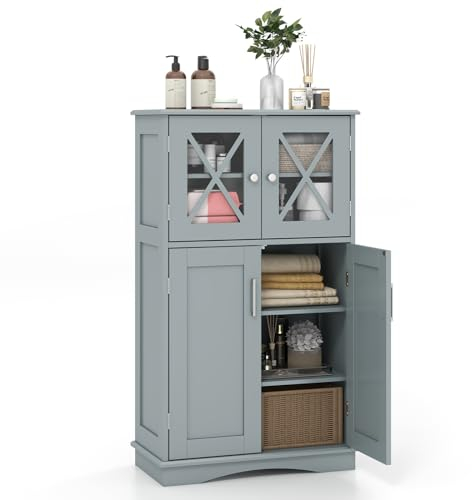 LIFEZEAL Mobiletto da Pavimento per Bagno con 4 Porte e 3 Ripiani Regolabile, Mobile Contenitore da Terra per Cucina e Soggiorno 60x30x108 cm Bianco (grigio)