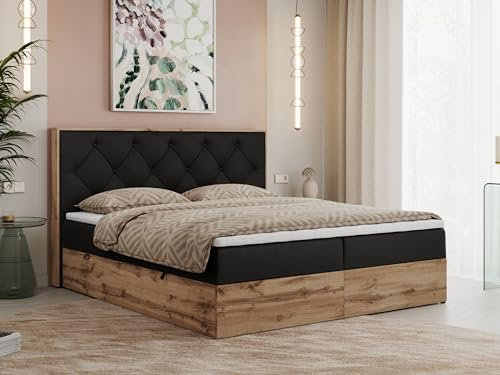 MKS MEBLE Boxspringbett 140x200 cm mit Bettkasten Wotan Eiche, Doppelbett mit Kopfteil, Matratze H3 mit Topper T25, Matratzenaufbau, Polsterbett mit Stauraum - Schwarz Kunstleder - Veneto