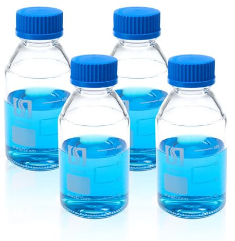 ALWSCI 500 mL Laboratory Wide Mouth Glass Bottle, Media Bottles with GL 45 Screw Cap, Borosilicate 3.3 Glass, Pack of 4