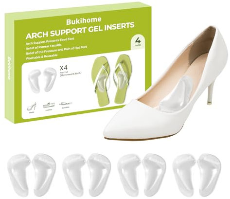 Arch Support Shoe Insoles & Insert - Bukihome Gel Arch Inserts for Flat Feet, Plantar Fasciitis - Adhesive Arch Pad for Foot Pain Relief - All Day Comfort - 0.3 Inch - 4 Pairs (Clear)