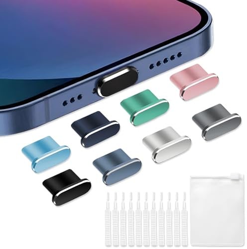 8 pcs Dust Plug for iPhone, VEINARDYL USB C Charging Port Protector Cap with 10 Cleaning Brush, Headphone Jack Dust Plug Charger Cover compatible with iPhone 15/16 Plus Pro Max iPad 10th/ iPad Air Pro