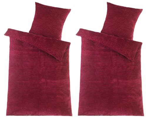 Visaggio 4-teilige Winter Bettwäsche 135x200 cm Bettbezug Teddy Plüsch Cord Rib Streifen Cashmere Touch Nicky Coral Fleece Bordeaux