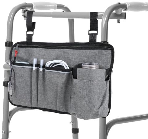 Rollstuhlaufbewahrungstasche Armlehnentasche Mit Becherhalterung Und Reflektierendem Streifen, Sesseltasche Für Armlehnen für Die Meisten Rollstühle, Gehhilfen Oder Rollatoren (Grau)