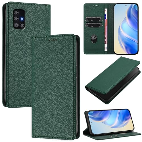 DENDICO Handyhülle für Samsung Galaxy A51 4G Hülle, PU Leder Klapphülle mit RFID-Blockierung, Stoßfeste Magnetische Schutzhülle für Samsung A51 4G, DunkelGrün