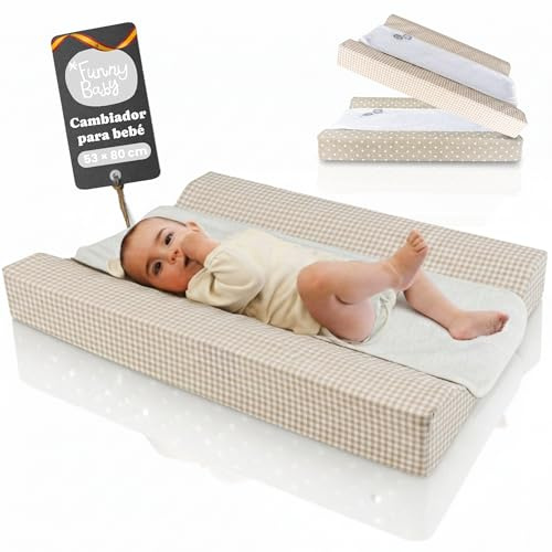Funny Baby | Colchoneta Cambiador Bebé Impermeable 53x80 cm – Espuma Acolchada con Bordes Elevados, Funda Lavable y Toalla de Rizo – Cambiador para Cómoda Diseño Vichy Lino
