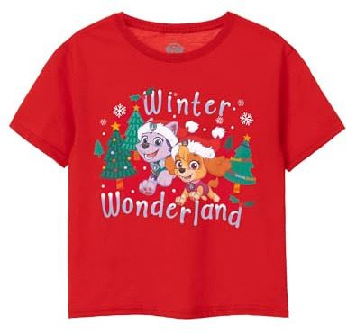 Paw Patrol Girls T-Shirt in Red | Christmas Graphic Tee for Children | Winter Wonderland with Skye and Everest | Festive Holiday Girls Short Sleeve Top | Fun Seasonal Merchandise Gift for Her