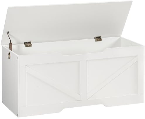 HOOBRO Truhen, Sitzbank mit Stauraum, Spielzeugkiste mit Deckel, Truhenbank, aufbewahrungsbox, 2 Ringen, 110cm, Robust, Stabil, für Kinder, Flur, Wohnzimmer, Weiß EWT772CW01
