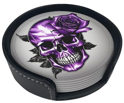 Lot de 6 dessous de verre en cuir PU avec motif roses et tête de mort - Dessous de verre en cuir synthétique avec boîte de rangement pour la maison et le bureau