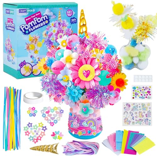 Craft Spot! Pompons zum Basteln Blumen, Mini Pompons Bunt mit Pfeifenreiniger für Mädchen, 2 Vasen & Filzkugeln, DIY Kreative Handwerk für Kinder, Blumenstrauß Geburtstagsgeschenke für Weihnachten