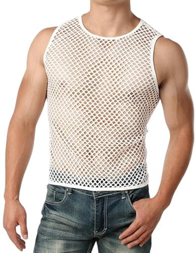 TUONYIS Canottiera Uomo Uomo Guardare Attraverso Manica Corta Uomo Canotta Sexy Maglia Trasparente a Rete Mesh Fishnet Trasparenti Maglietta Maglia Intima (IT, Testo, Taglia Unica, Bianco)