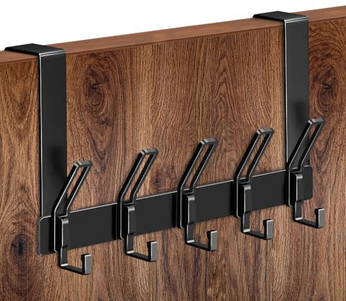 Over Door Hooks with 5 Heavy Duty Coat Hooks for Hanging Towels Clothes Robes Bags, Space Saving Hanger for Bathroom Bedroom Living Room Wardrobe 32cm x 18cm Sturdy Rust Resistant Design, Black