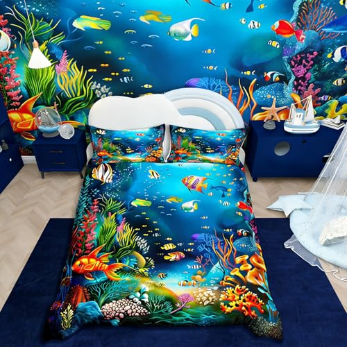 Loussiesd Kinder-Bettwäsche Ozean Fische, Meeresmotiv, Bettbezug 200 x 200 cm, für Jungen, Mädchen, das Meer, Unterwasserwelt, Bettwäsche, Kreatur, süß, das Leben im Meer, Bettwäsche