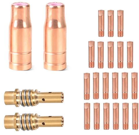 SWAWIS 24 Stück Verschleißteile Set Schutzgasschweißgerät Zubehör | Mit 2 Fülldrahtdüsen für AK15/MB15 AK14/MB14 MIG MAG Schweissgerät 20 Kontaktspitzen 2 Düsenstiel mit Haltefeder