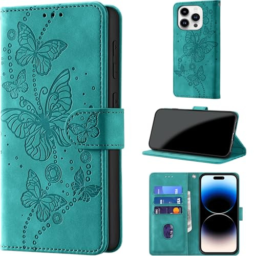 for iPhone 14 Pro Wallet Case Flip, Turquoise | RFID Blocking, 3 Card Holder Stand, Shockproof TPU Shell, PU Leather Magnetic Closure