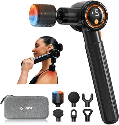 Massagepistole mit Wärme und Kälte,NAPRE Massage Gun Massage Pistole mit Verlängerungsgriff,Einstellbaren Winkeln,Muskel Percussion Massagegerät für Rücken,Nacken,Körper Entspannung,6 Köpfe & Koffer