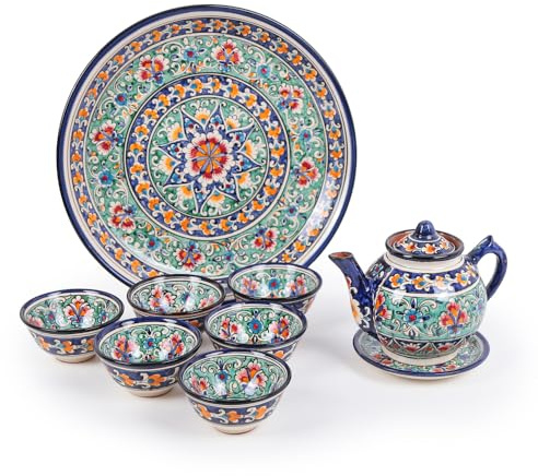 Rischtan Keramik Tafelservice Kombiservice KaraKalam Blau-Rot | Handbemalt aus Usbekistan | Orientalische Teekanne + Piala Kosa + Lagan Plov + Schale (9)