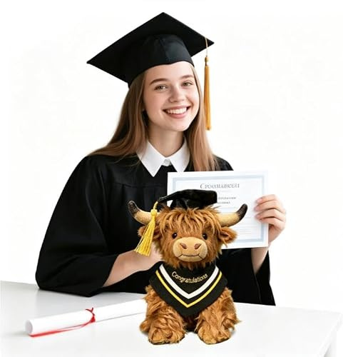 XIEXIESHER Hochlandrind Kuscheltier 30cm Highland Cow Plüschtier mit Abschlusskappe Abi 2026 Geschenke Kleine Umarmung Bachelor Master Du Schaffst Bestandene Prüfung Geeignet Geeignet für Erwachsene