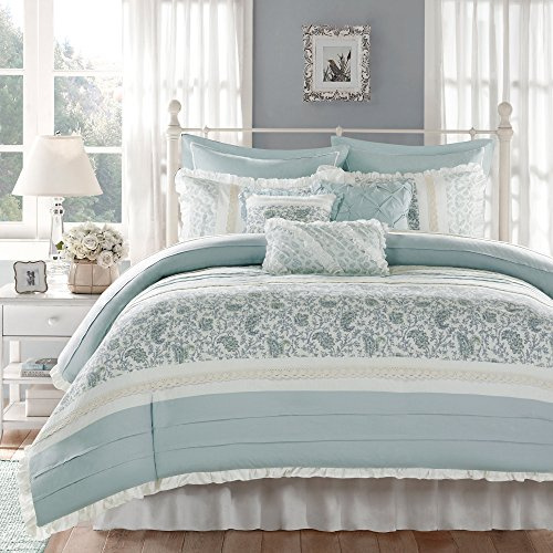 Madison Park Dawn 100% Cotton Duvet Set Floral Shabby Chic Design All Season Comforter Cover Bedding, Matching Shams, Percale Light Weight Bed Comforter Covers, King(104x92), Blue 9 Piece , Aqua