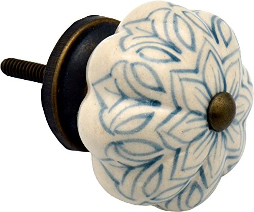Nicola Spring Ceramic Cupboard Drawer Handle Knob - Vintage Flower Design - Grey/Blue