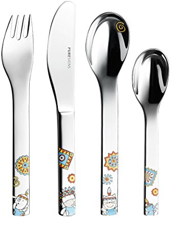 Puresigns Kinderbesteck 4-teilig MOEMA - Edelstahl 18/10, Abenteuerliches Wilder Westen Design, Ergonomisch & Kindersicher, Spülmaschinenfest - Löffel, Gabel, Messer Set für Kinder