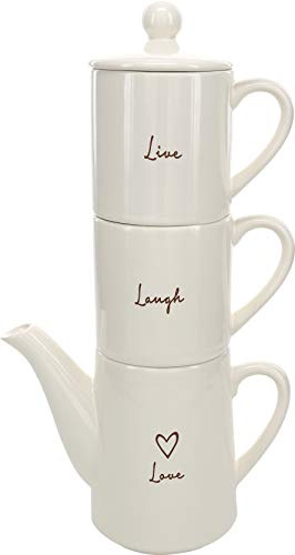 Pavilion Gift Company - Stackable Tea For Two Set - Love 15 oz Teapot With 2 Live & Laugh 8 oz Mugs