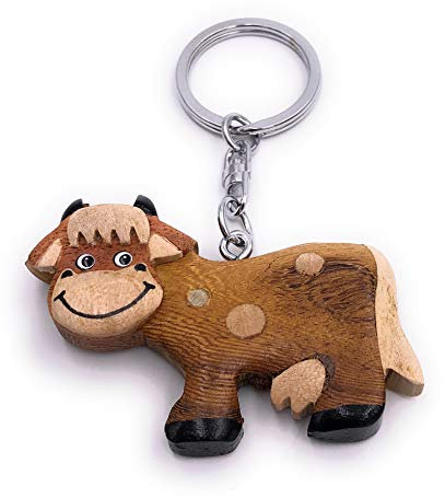 H-Customs Braune Süße Kuh bauernhof Holz Edel Handmade Schlüsselanhänger Anhänger