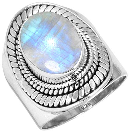 Jeweloporium Weißer Mondstein Silberring Größe 59 (18,8), 925 Sterling Silber Ring für Damen, Natürlicher ovaler Edelstein Handgefertigter Schmuck